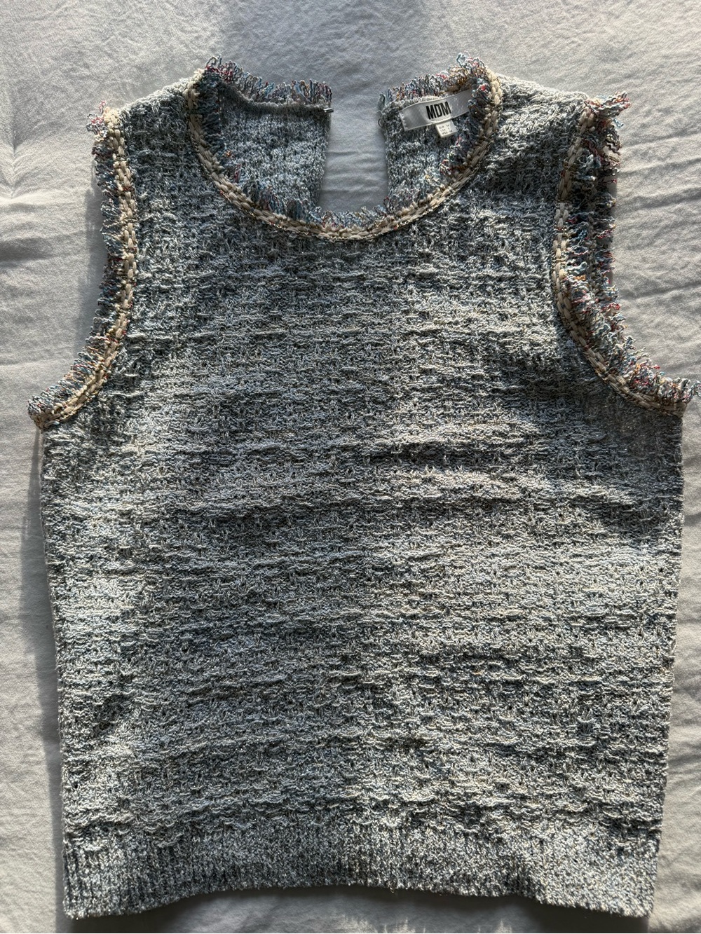 Sleeveless Bouclé Tank Top in Light Gray with Multicolor Trim